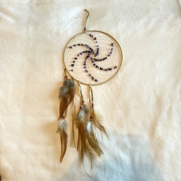 Feather Spiral Dream Catcher Handmade Amethyst Stone Boho Wall Hanging 26" Long - Picture 1 of 5